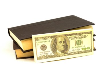 Zenginlik ve zenginlik yaratmanın yollarını öğrenmek için izole bir kitap seti ve bir yığın Amerikan banknotları..