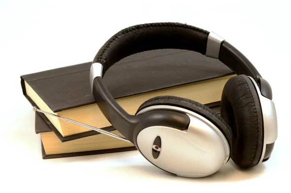 Isolated Set Books Being Played Audio Headphone Speakers — Stock Photo, Image