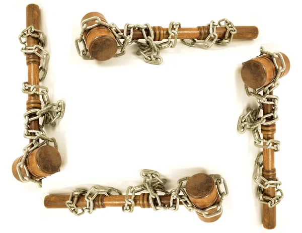 Frame Made Wooden Gavels Wrapped Steel Chains Represent Legal Binding — Stock Photo, Image