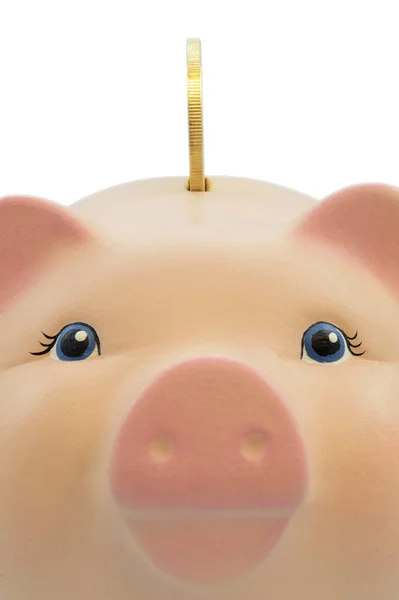 Closeup View Coin Being Inserted Pig Bank White Background — Stock Photo, Image