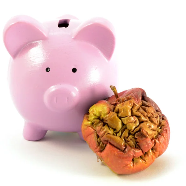 Conceptual Image Focusing Pig Bank Rotten Apple Several Monetary Ideas — Stock Photo, Image