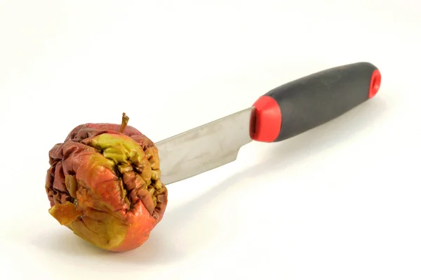 Isolated Shot One Bad Apple Being Cut Knife — Stockfoto