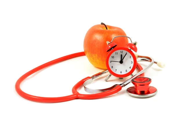 Red Apple Alarm Clock Stethoscope White Background Represent Medical Themes — Stock Photo, Image