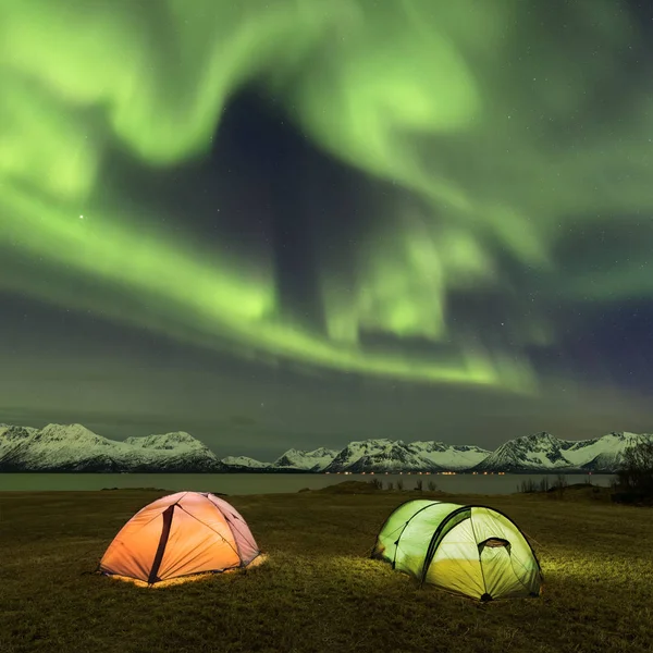 Square photo of Aurora Borealis, Lofoten, Norway. Royalty Free Stock Photos