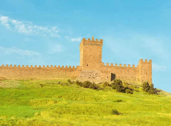 Genoese Fortress Cog Tower Stands Top Green Hill Covered Grass — Stock Photo, Image