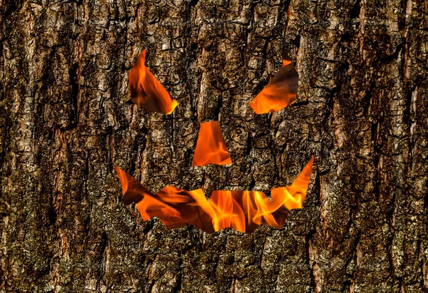 creepy smile wooden background, fire mask on the bark holiday halloween background festive