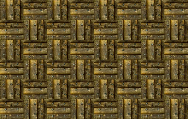 棕方形花纹纹理木面板与铁铆钉块棋秩序垃圾背景 — 图库照片
