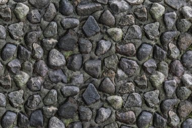 birçok gri taşları yıpranmış çimento tarafından bağlı yeşil küf kaplı, koyu arka plan duvar eski yıpranmış