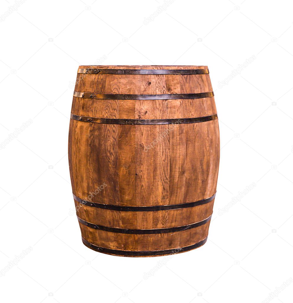 oak barrel of winemaking brown vintage with iron rings, aging of wine and beer or scotch, process technology