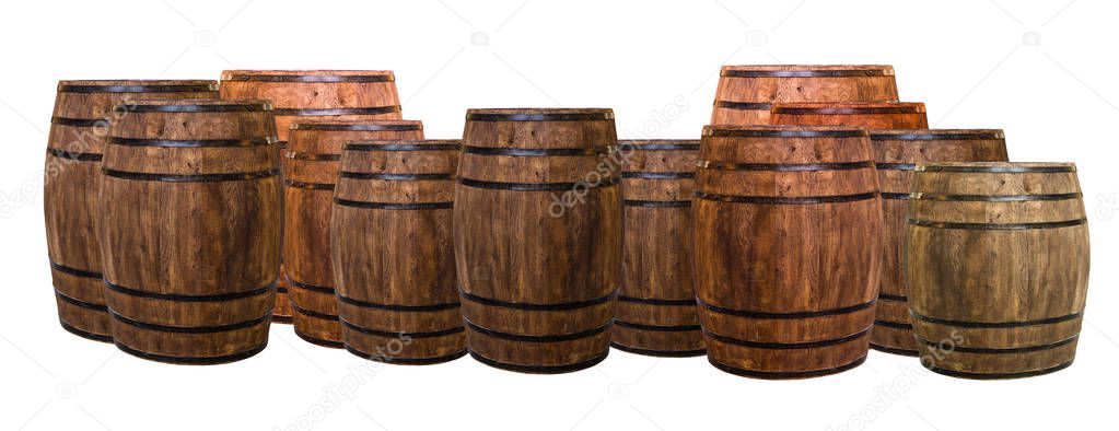 many oak barrels cask group isolated on a white background, exposure and bring the taste of wine or whiskey