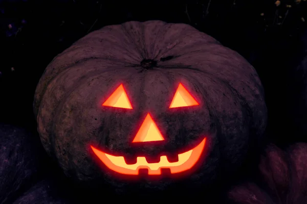 Halloween Dynia Rzeźbiąc Latarnię Świecącymi Oczami Uśmiechem Ciemnym Przerażającym Wzorze — Zdjęcie stockowe