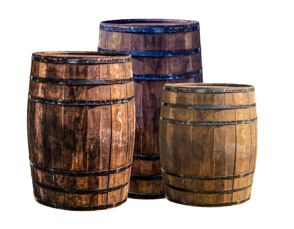 oak barrel, three dark brown wooden wine storage containers at the winery