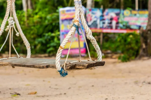 Touw Swing Opgehangen Aan Een Boom Tak Achtergrond Rust Zanderige — Stockfoto