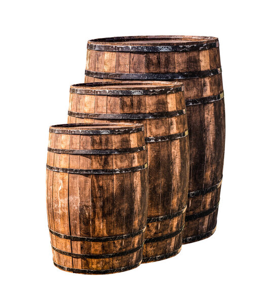 row of oak barrels from small to large on an isolated background