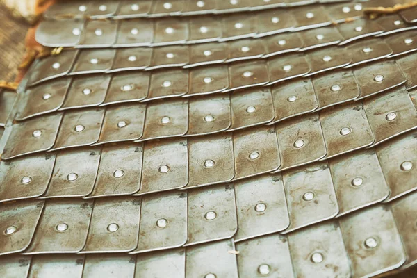 Середньовічна Воїнська Ламельна Броня Залізних Пластин Срібний Військовий Фон — стокове фото