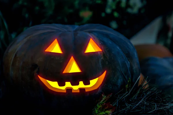 Halloween Lampa Jack Wyciąć Całej Dyni Płonącymi Oczami Ciemności — Zdjęcie stockowe