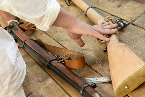 Medieval Weapons Wooden Butt Lies Table Close — ストック写真