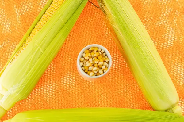 Зеленый Кукурузный Початок Складывается Треугольник Центре Чаша Полная Золотых Семян — стоковое фото