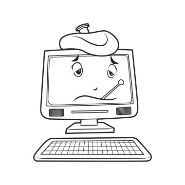 sick computer character black and white clipart