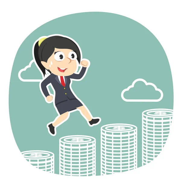 Mujer de negocios corriendo en monedas — Vector de stock