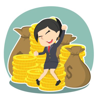 mutlu işkadını para yığını üzerinde oturan