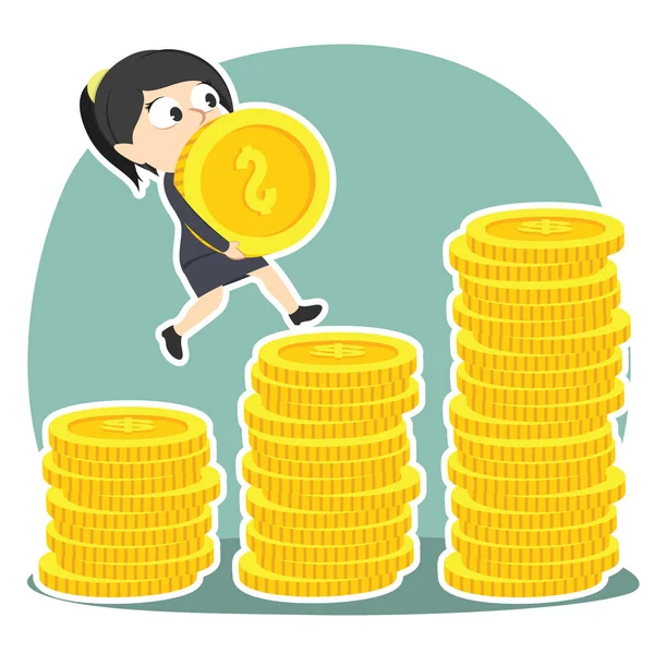 Donna d'affari salire le scale moneta mentre in possesso di moneta — Vettoriale Stock