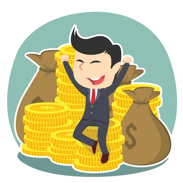 Feliz hombre de negocios sentado en un montón de dinero — Vector de stock