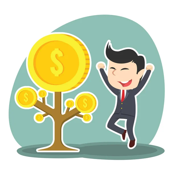 Businessman happy his coin tree grow — Stock Vector