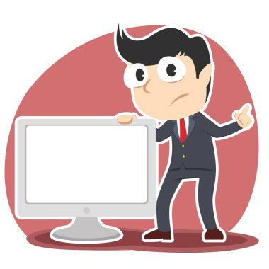 üzgün işadamı büyük boş monitör sunulması