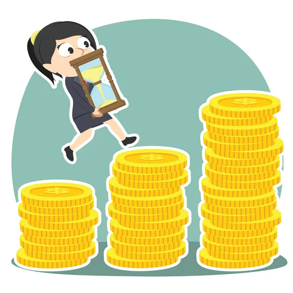 Businesswoman is climbing coin stairs carrying hourglass — Stock Vector