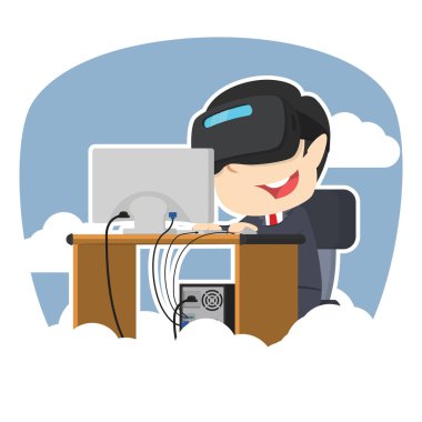 işadamı VR gökyüzü arka plan ile çalışma