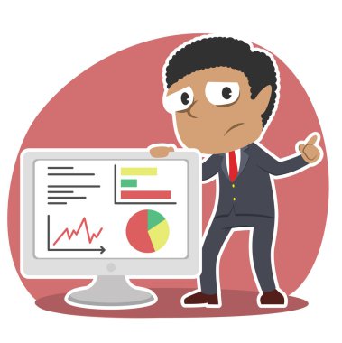 üzgün Afrika işadamı büyük monitör ile birlikte kötü grafik sunmak