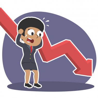 african businesswoman in panic with down graph