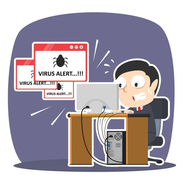 Hombre de negocios pánico con alerta de virus pop-up — Archivo Imágenes Vectoriales