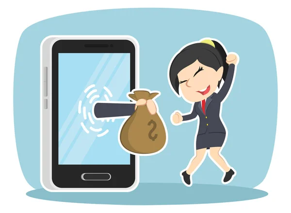 Empresária Feliz Tem Dinheiro Smartphone —  Vetores de Stock