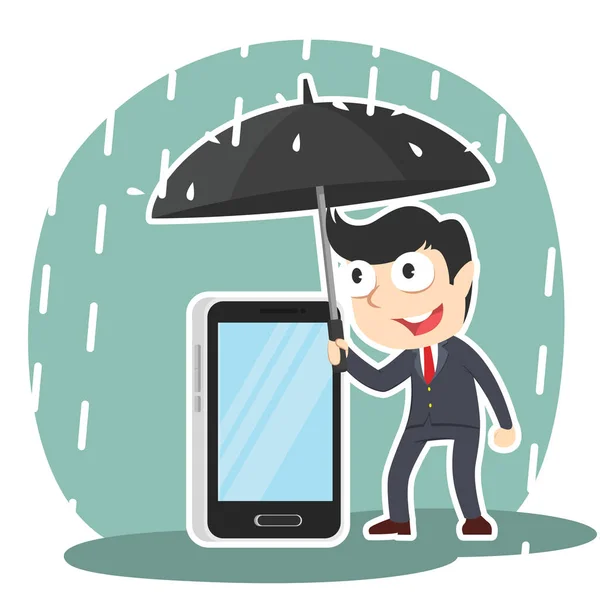 Üzletember Megvédi Telefonját Esernyő — Stock Vector