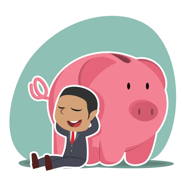 African Businessman Relaxing Piggy Bank — Stock Vector