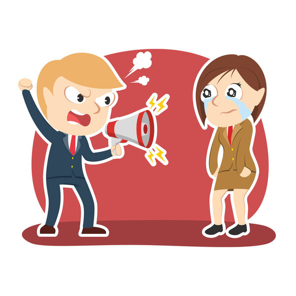 бизнесмен кричит с мегафоном своей сотруднице
