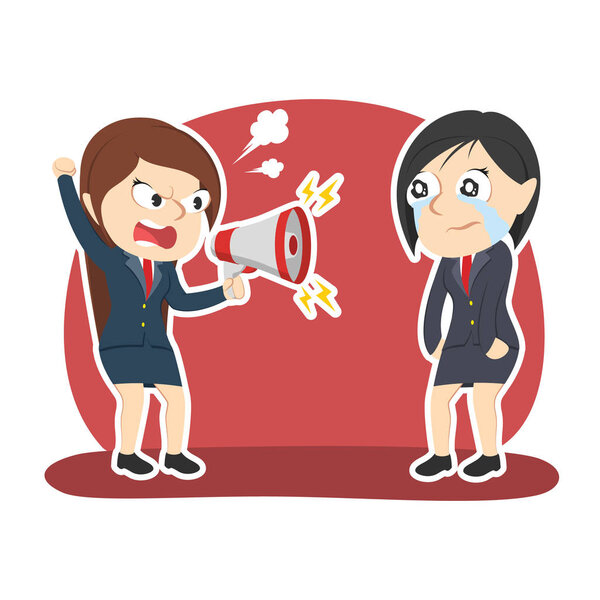 деловая женщина кричит с мегафоном своей сотруднице
