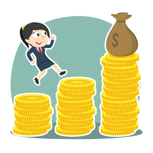 Businesswoman Climbing Coins Stair Get Sack Money — Stock Vector