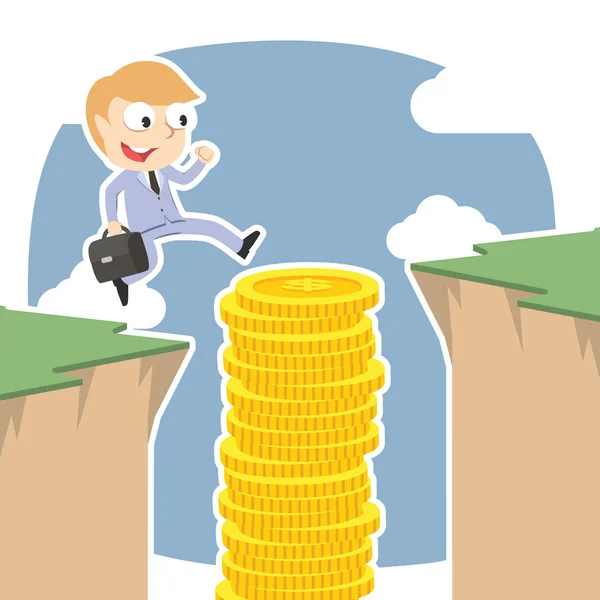 Businessman Use Coins Stack Jump Cliff — Stock Vector