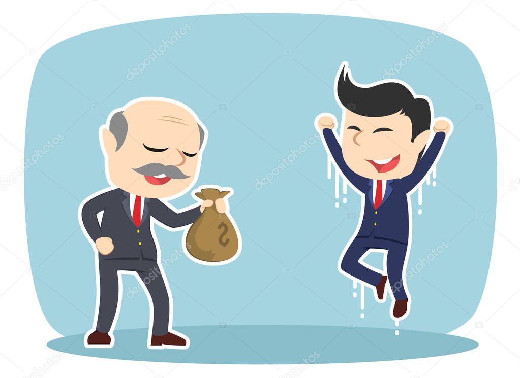 boss giving money sack to his male employee