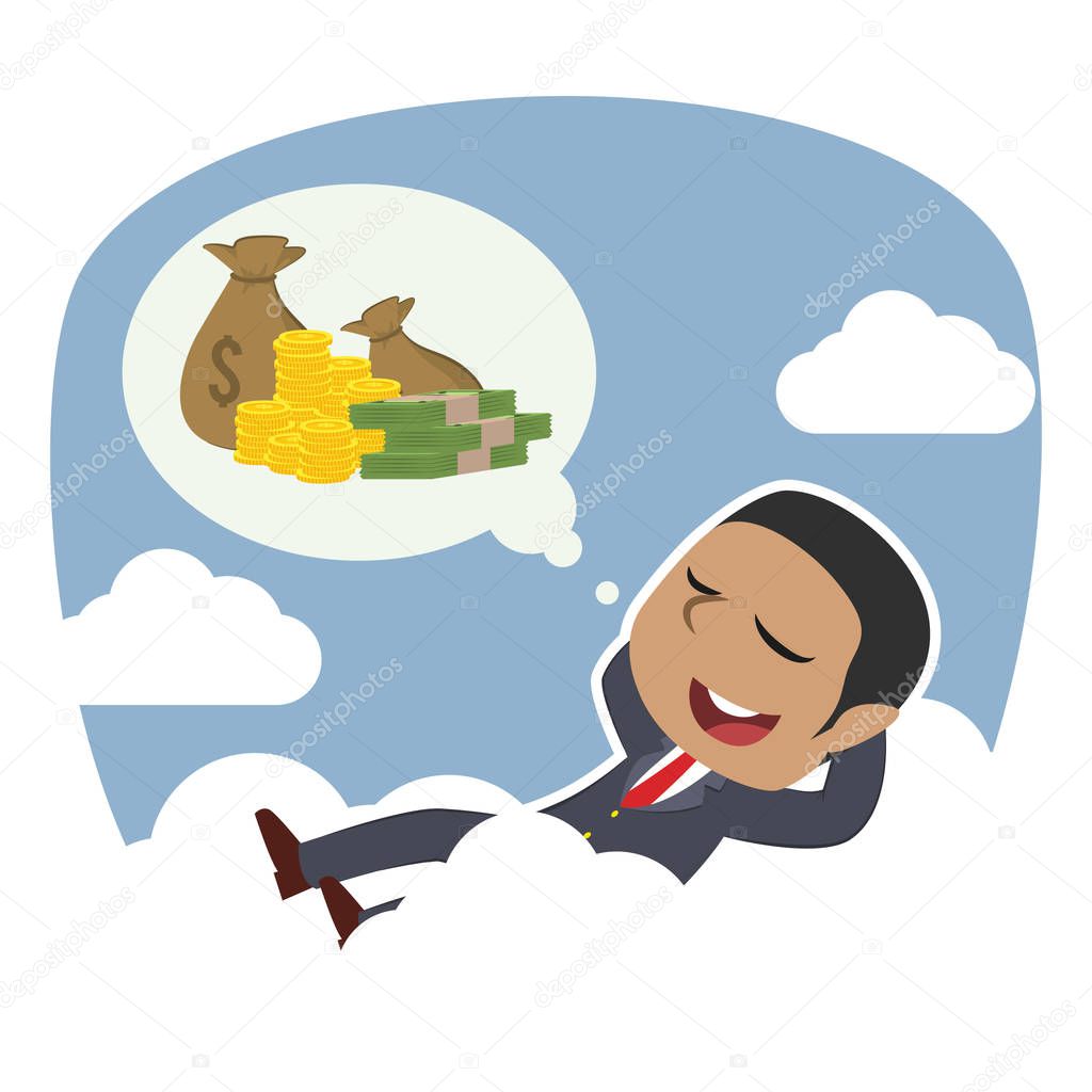 african businessman relaxing on clouds thinking about money