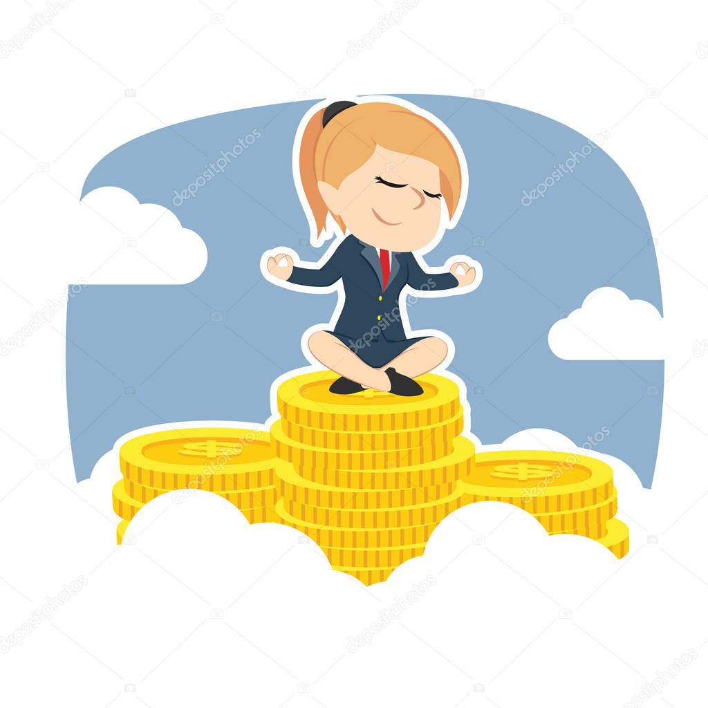 businesswoman meditating on the top of coins peak