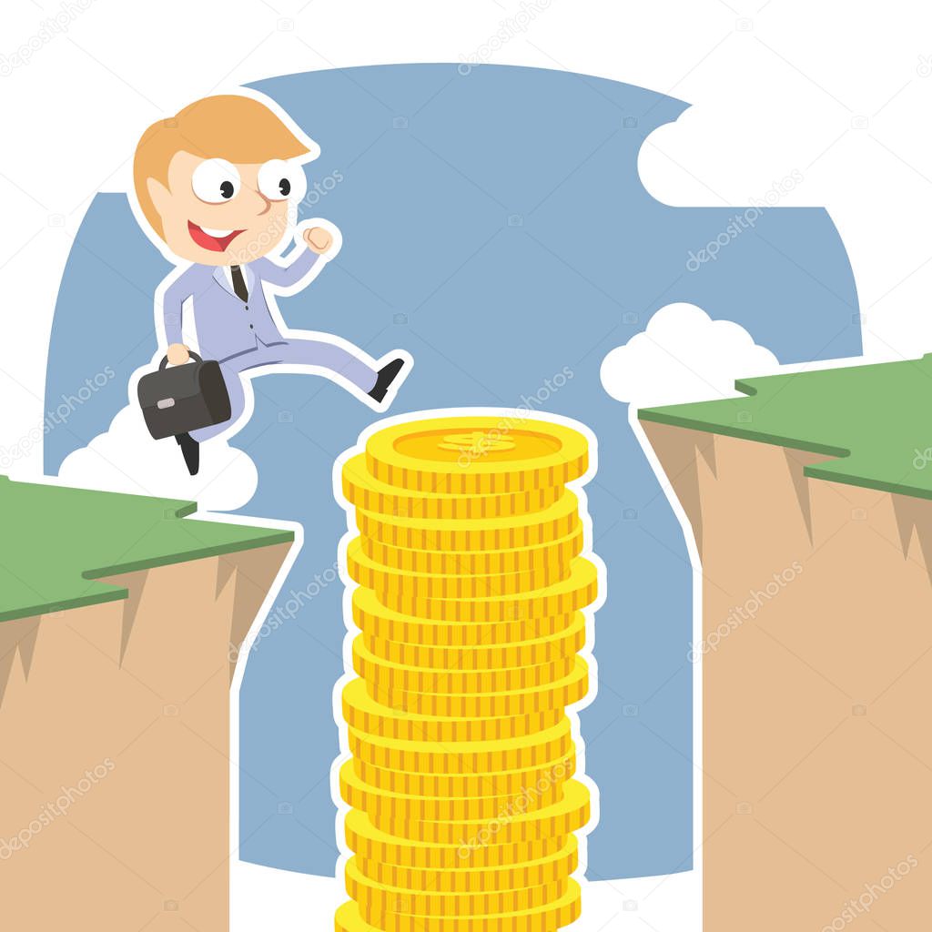 businessman use coins stack to jump over cliff