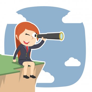 iş kadını uçurum kenarında oturan ve teleskop kullanma