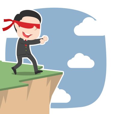 blindfolded asian businessman walking to cliff edge clipart