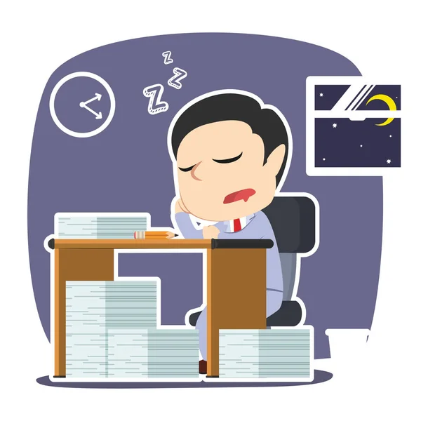 Hombre Negocios Durmiendo Mientras Trabaja Horas Extras — Vector de stock