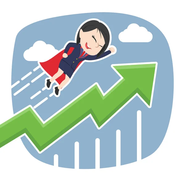 Super China Mujer Negocios Volando Con Gráfico Levantado — Vector de stock