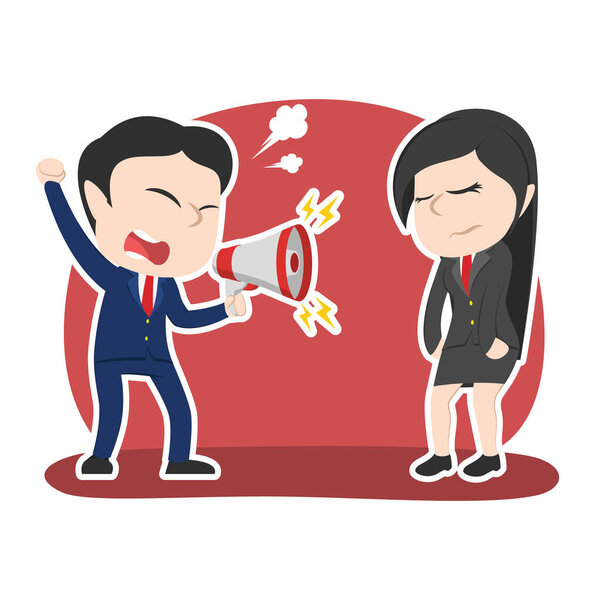 Азиатский бизнесмен кричит с мегафоном своей сотруднице
